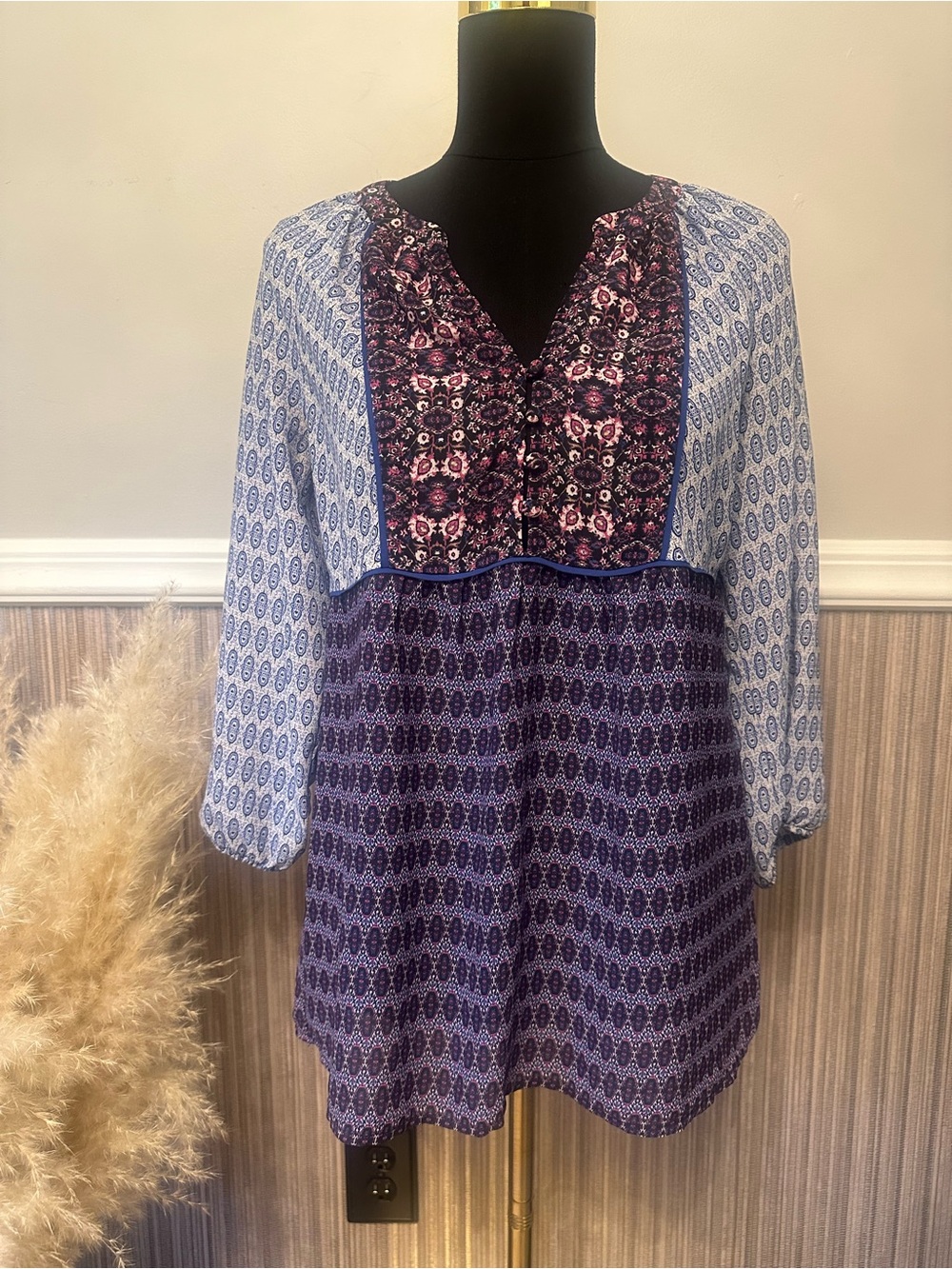 Kenar Boho Mixed Print Peasant Blouse Size Small Purple Blue 3/4 Sleeve